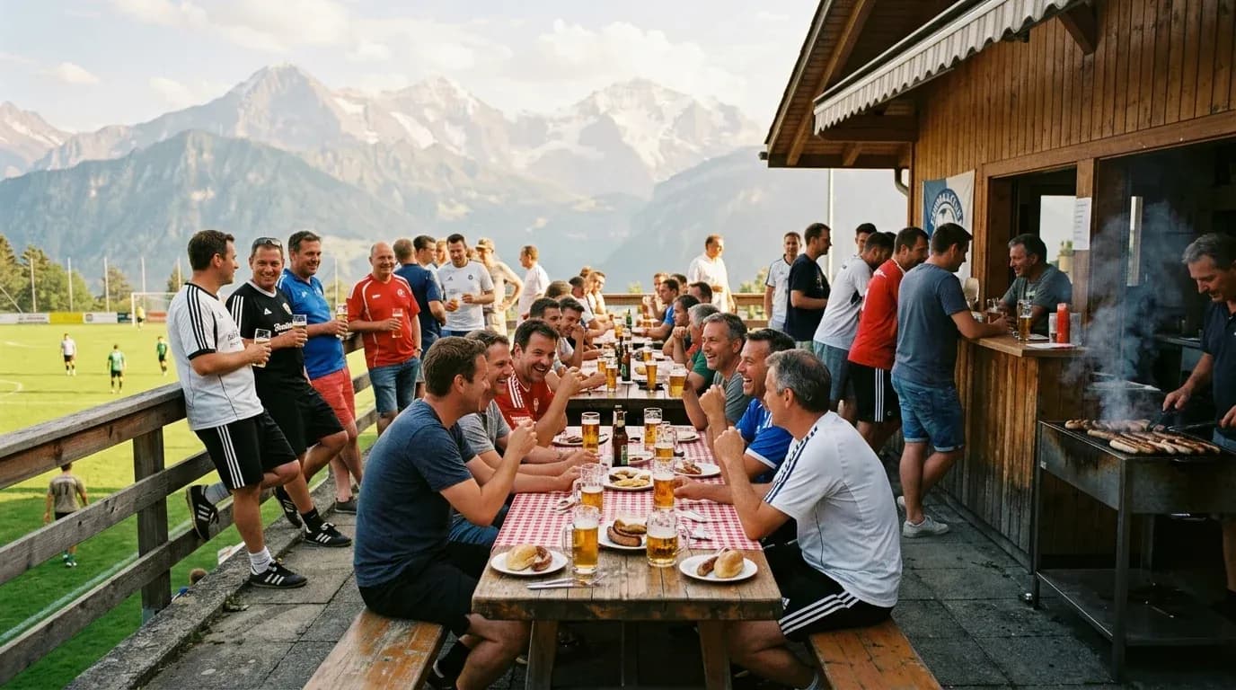 Clubhaus-Terrasse: Gespräche bei Bratwurst und Bier